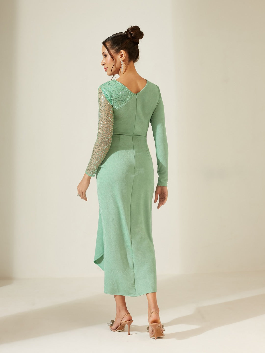 Mint Embellished V-Neck Full Sleeve Polyester Pleated Slim Fit Longline Dress for Women