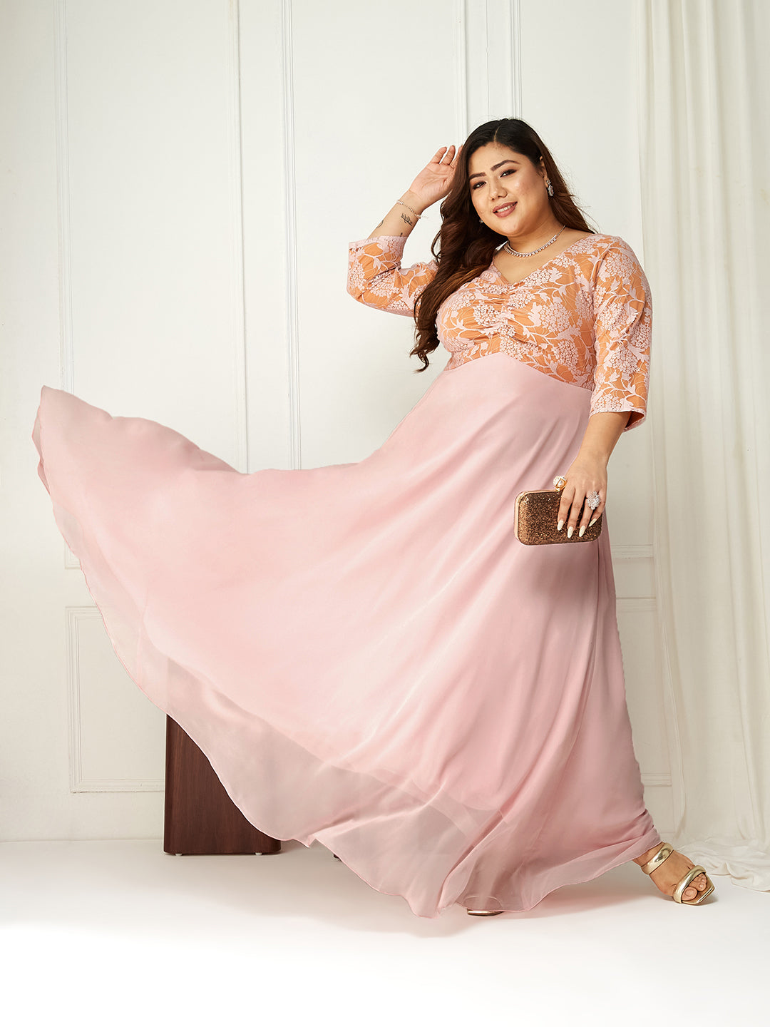 Light Pink Long Sleeves Lace Empire Maxi Dress Long Dress Gown Frock for Women | Birthday Dresses