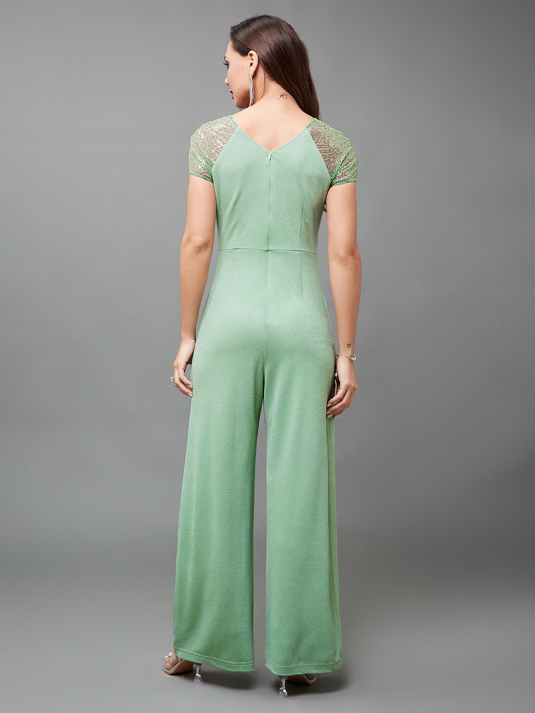 Crease Ease Women's Cocktail Mint Sheer Sleeves Sequined Ruching Party Jumpsuit