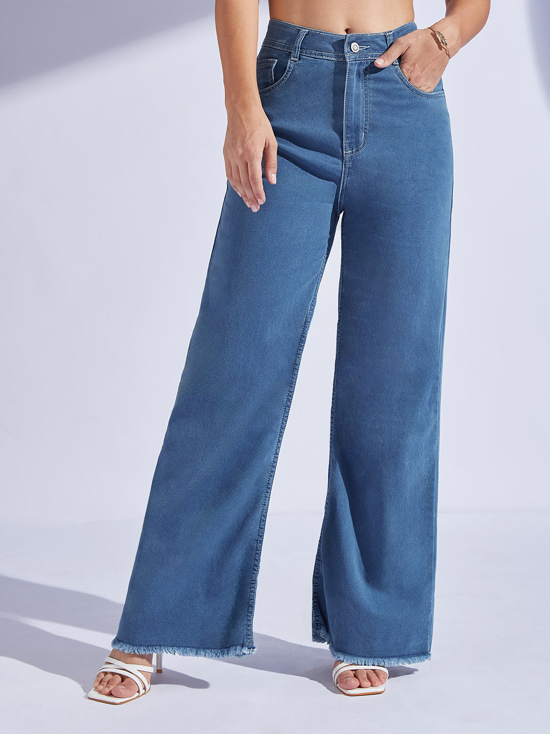 Women's Blue Wide-Leg High-Rise Stretchable Denim Jeans