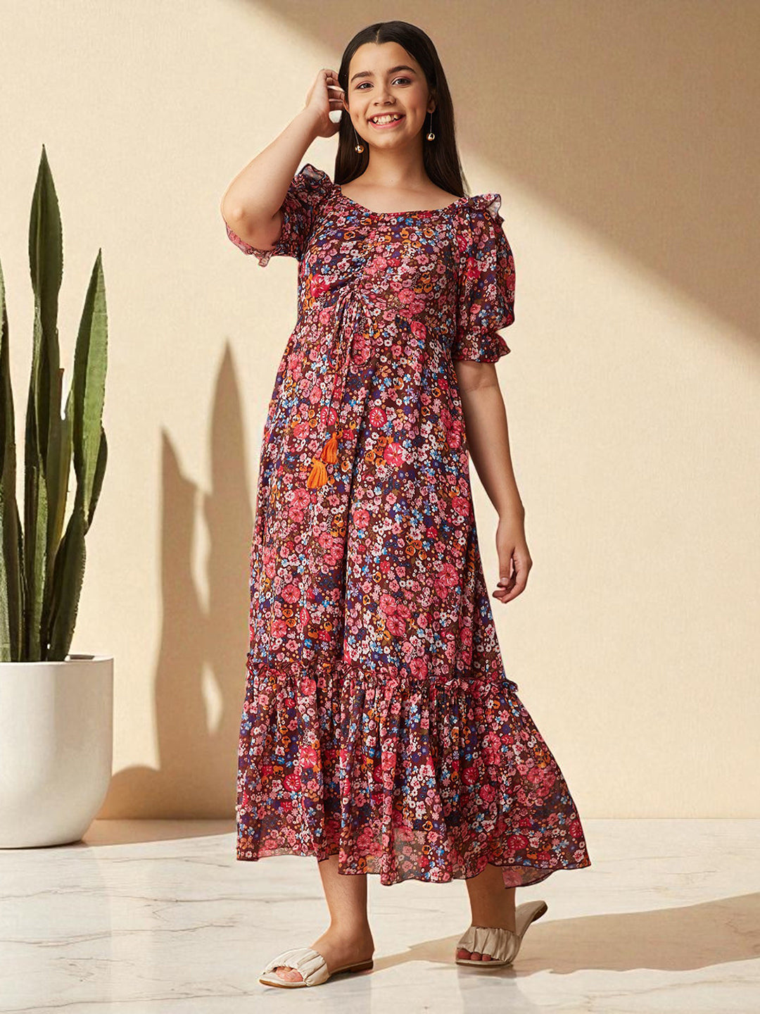 Multicolored-Base-Wine V-Neck Puff Sleeve Floral Ruching Ankle-Length Dress for Girls/Teenagers for Women — Mizuki