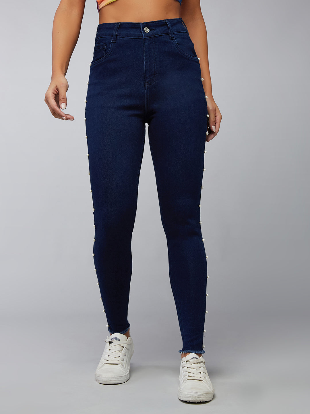 Women's Navy-Blue Cotton Skinny-Fit Cropped High-Rise Stretchable Pearl Denim Jeans