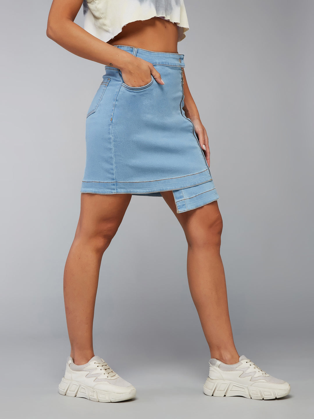Women's Light Blue Regular High-Rise Above Knee Stretchable Denim Skirt