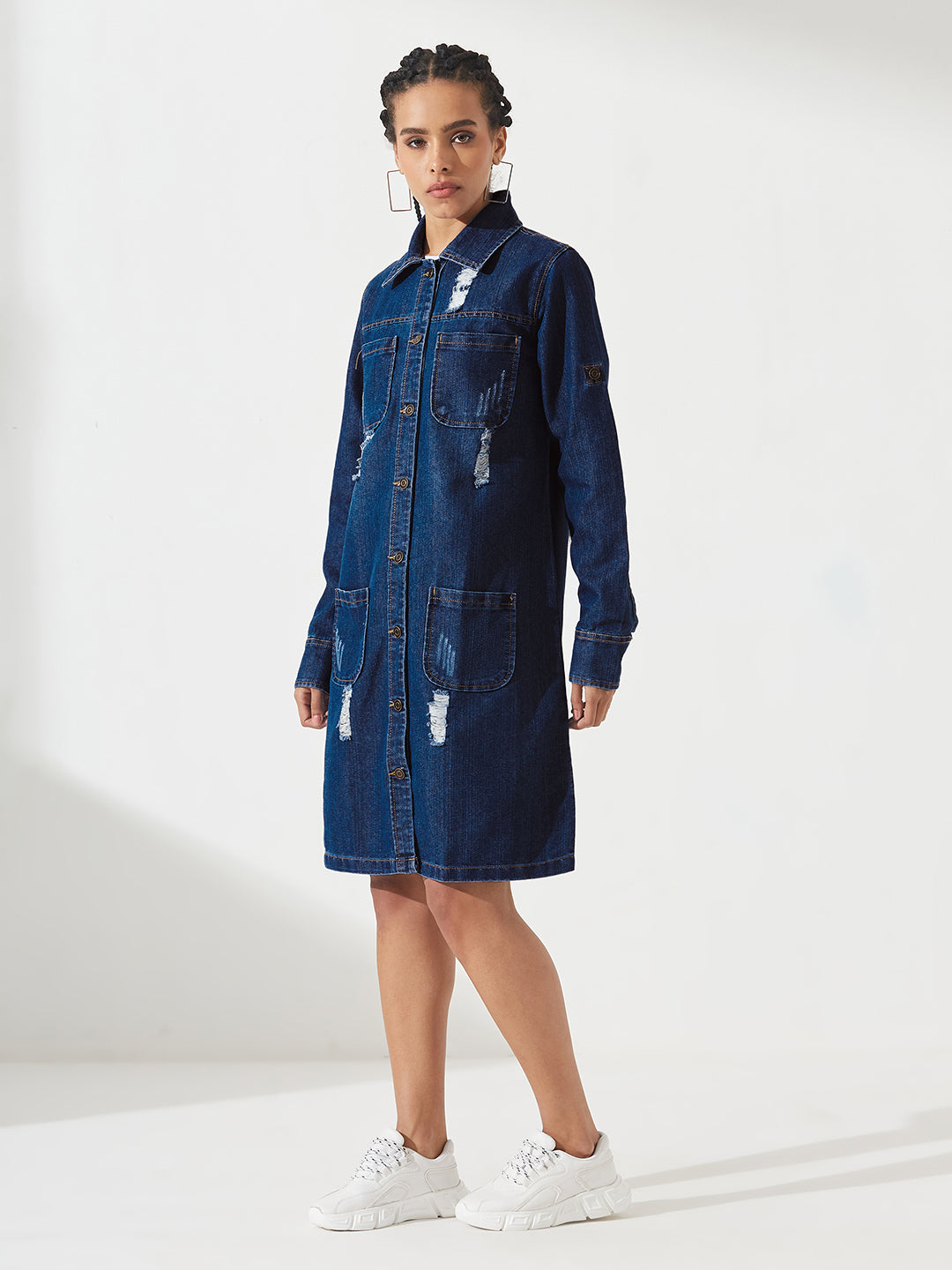Navy-Blue Solid Polo Neck Full Sleeves Patch Pocket Denim Overcoat Knee-Length Jacket for Women