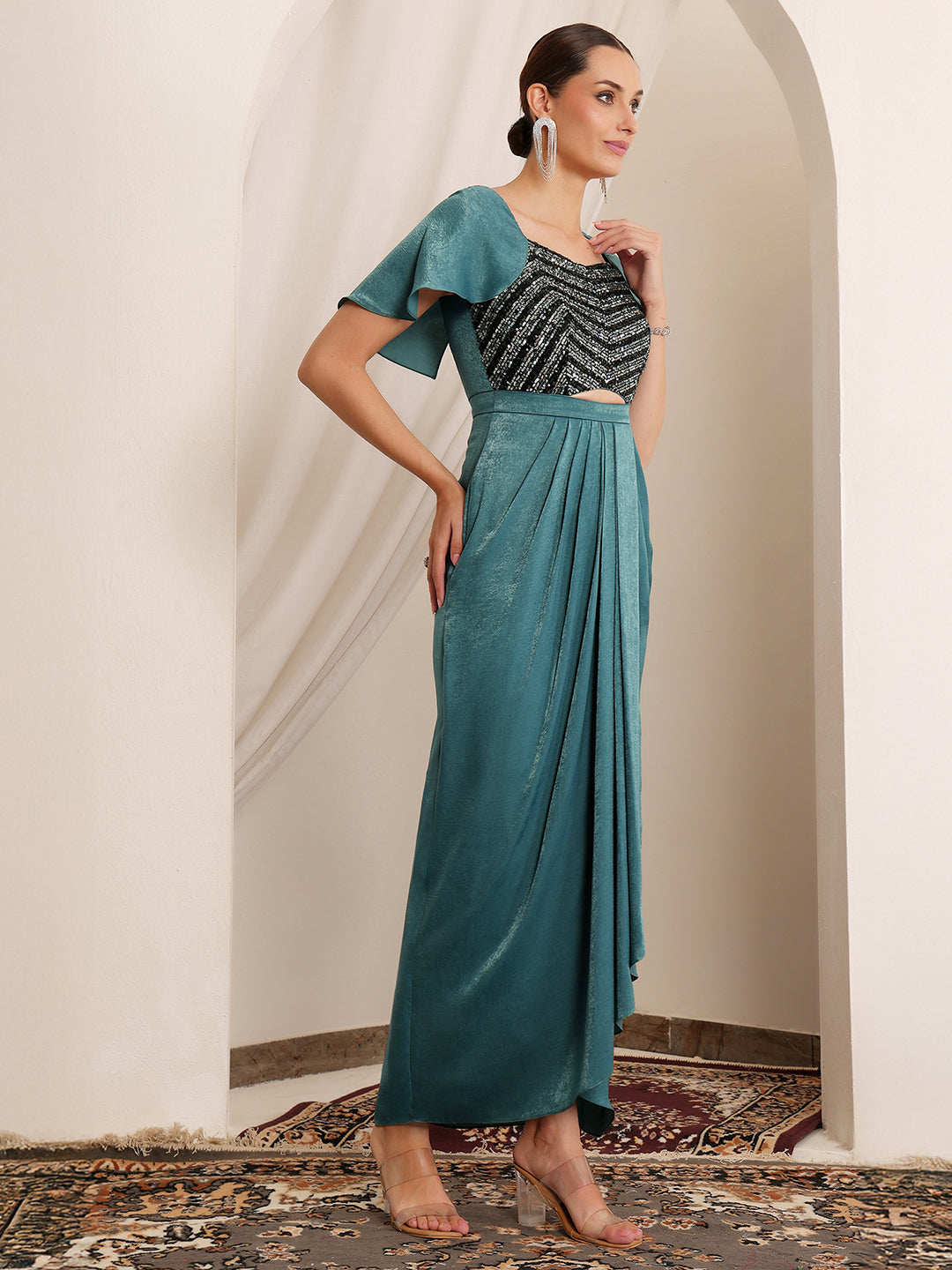 Shergil Warrior Teal Embellished Satin Maxi Dress