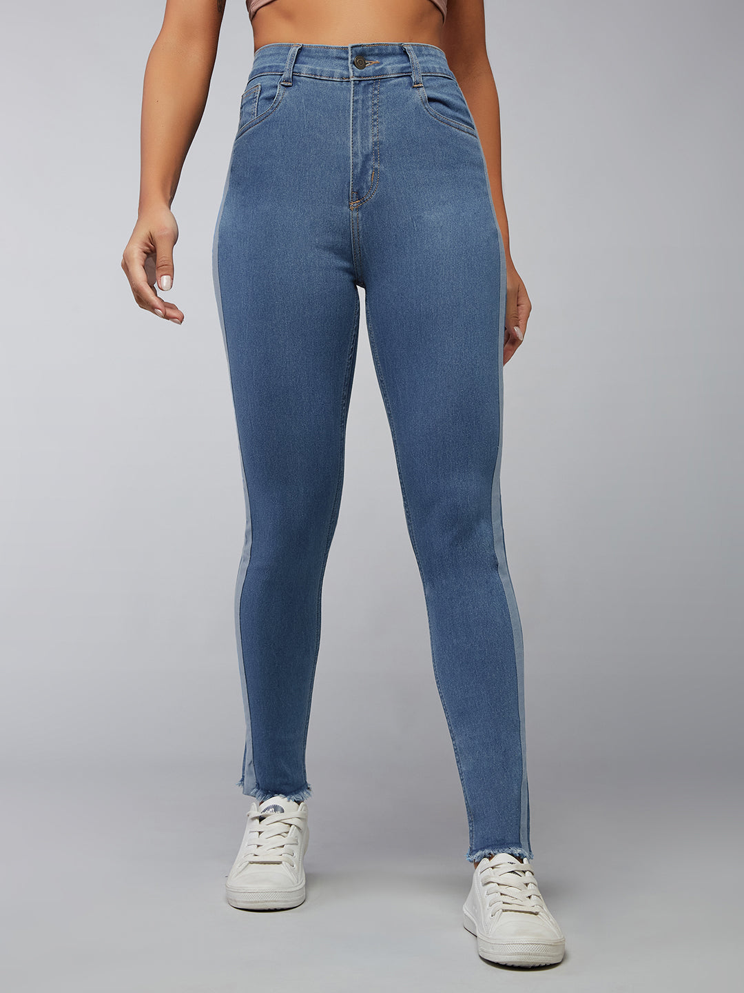 Women's Blue Skinny High-Rise Fringe And Silky Denim Tape Detailing Cropped Denim Jeans