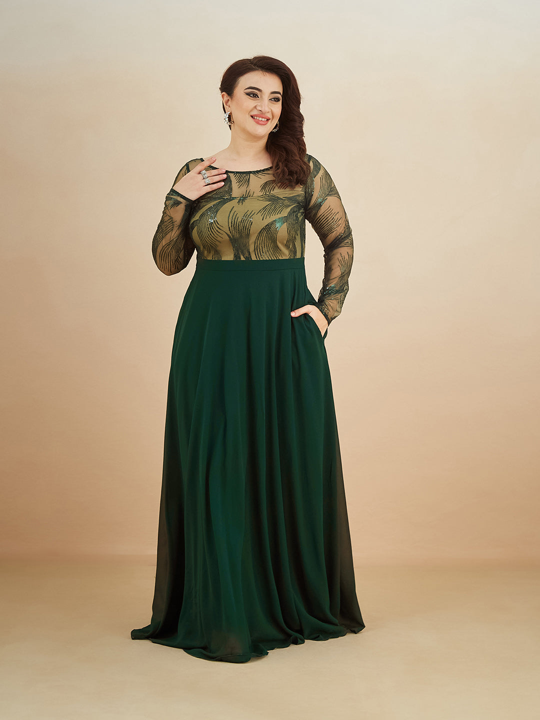 Green & Beige Solid Embellished Maxi Dress for Women — Miss Chase A+