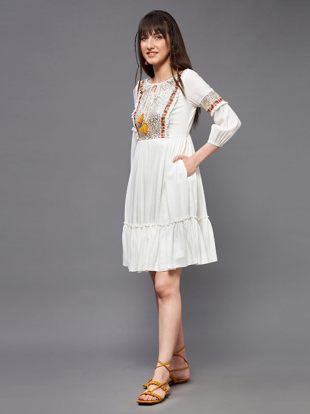 Women's Off-White Boat neck Bishop Sleeve Viscose Rayon Embellished Gathered Midi Dress
