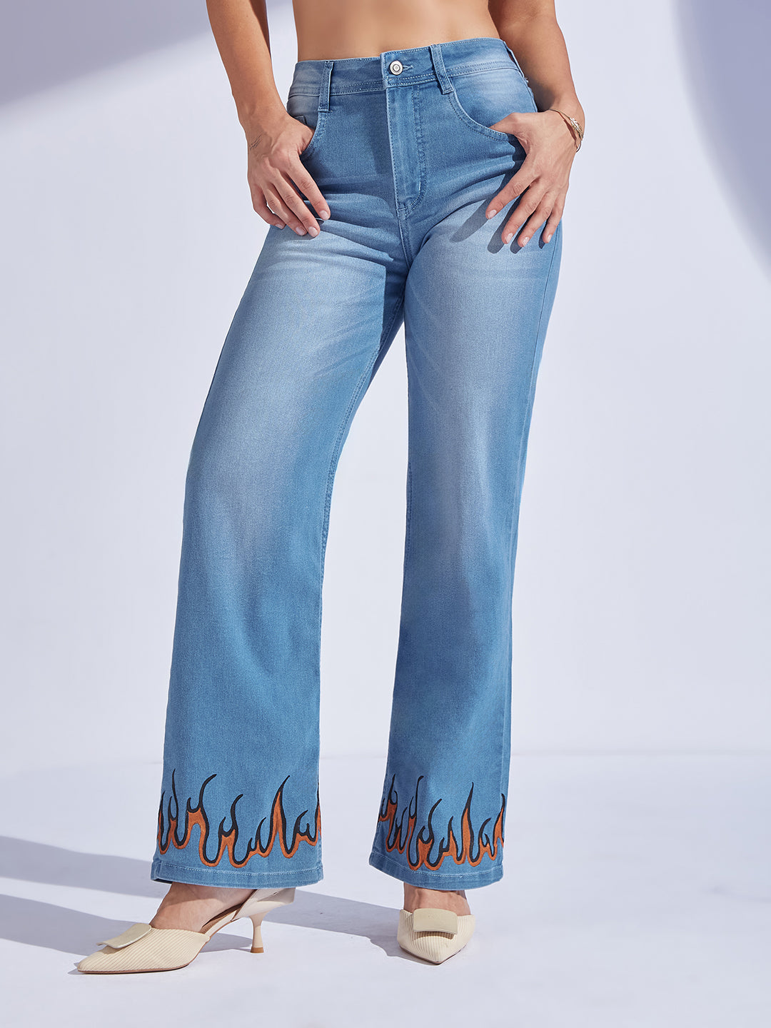 Women's Light Blue Straight Fit Mid Rise Hand Painted Stretchable Denim Jeans