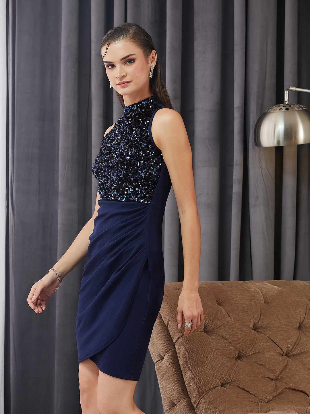 Women's Navy Blue Halter Neck Sleeveless Embellished Pleated Above-Knee Dress