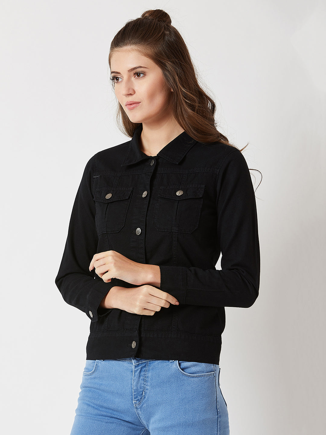 Women's Black over dyed Polo Neck Full Sleeves Patch Pocket Denim Metal Buttoned Jacket