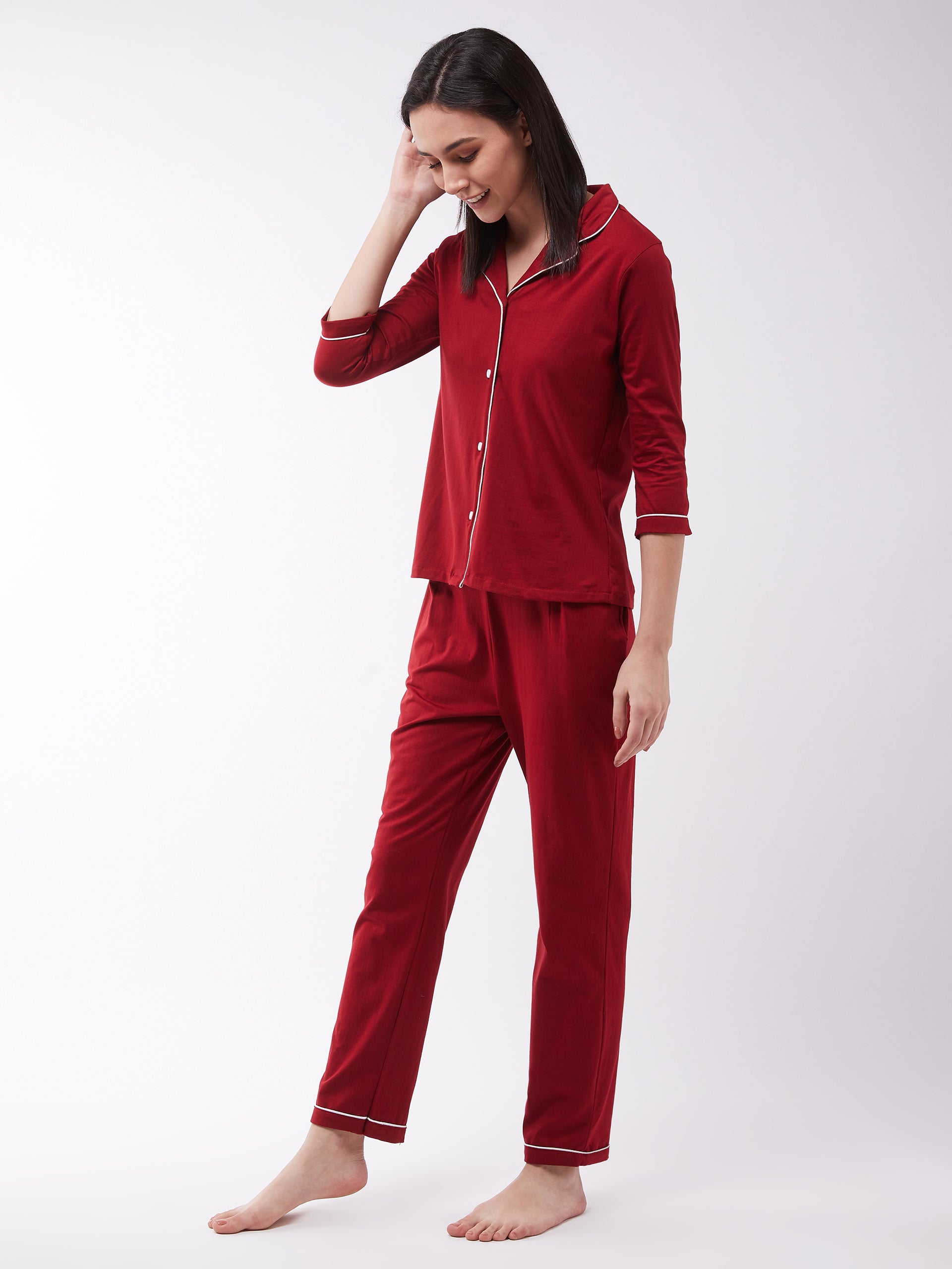 Women's Maroon Collared 3/4th Sleeves Printed Regular length Night Suit Set