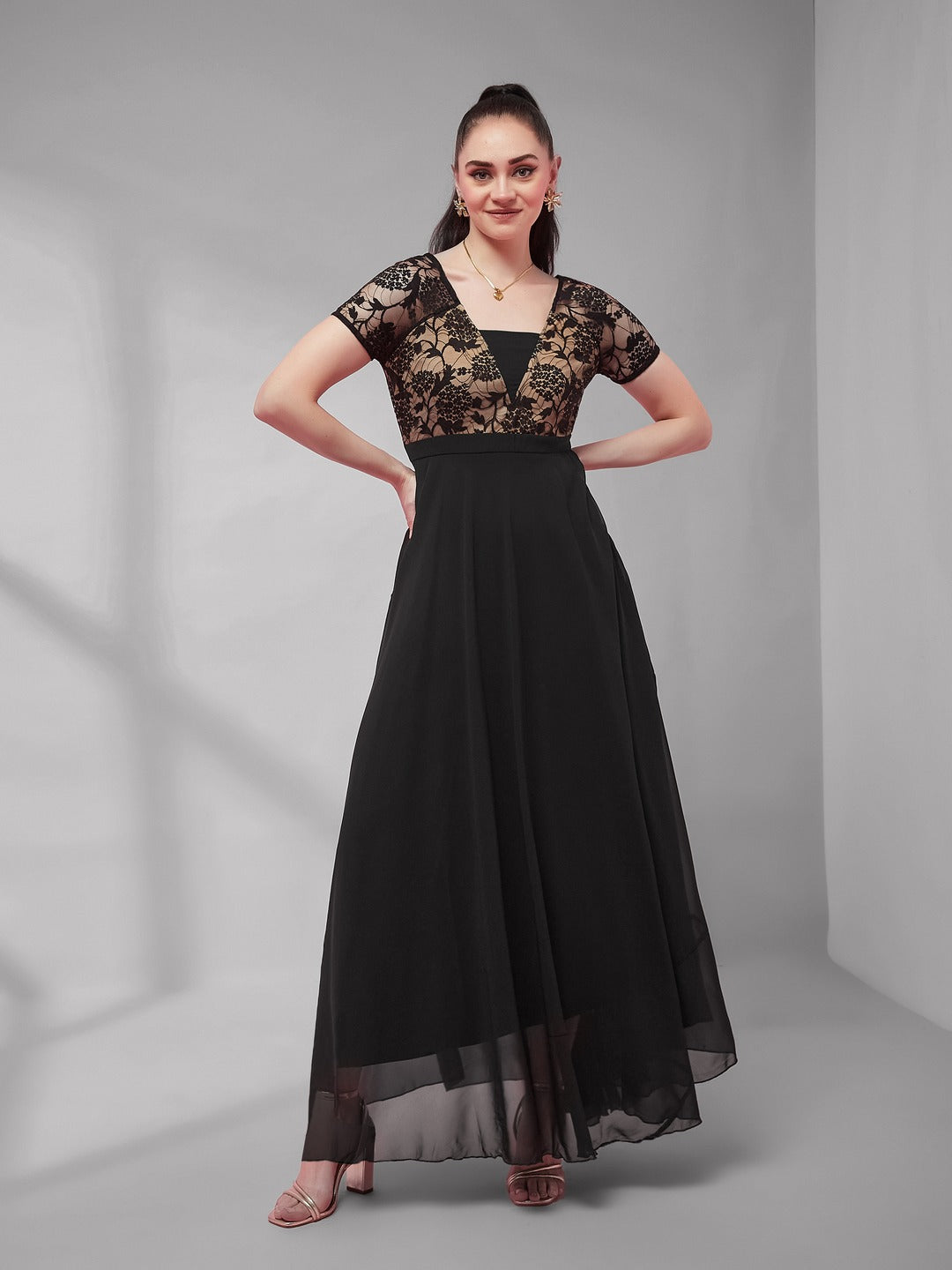 Black Square Neck Raglan Short Sleeve Self Design Lace Overlaid Georgette Maxi Dress for Women