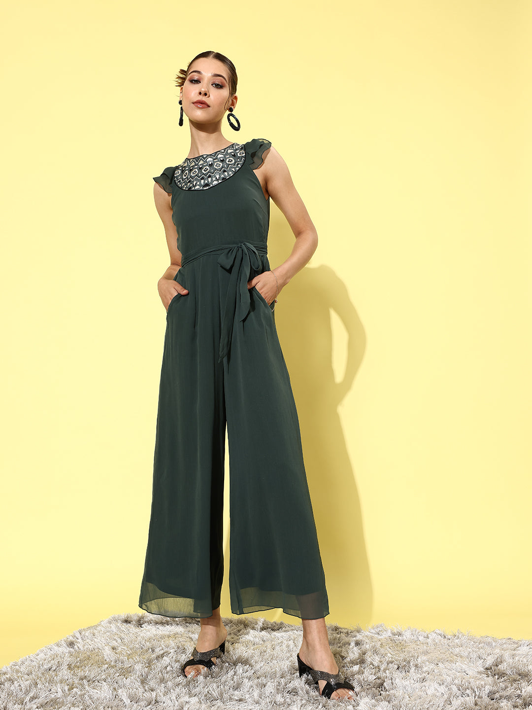 Women's Dark Green Round Neck Ruffled Sleeve Solid Embroidered Regular Jumpsuit