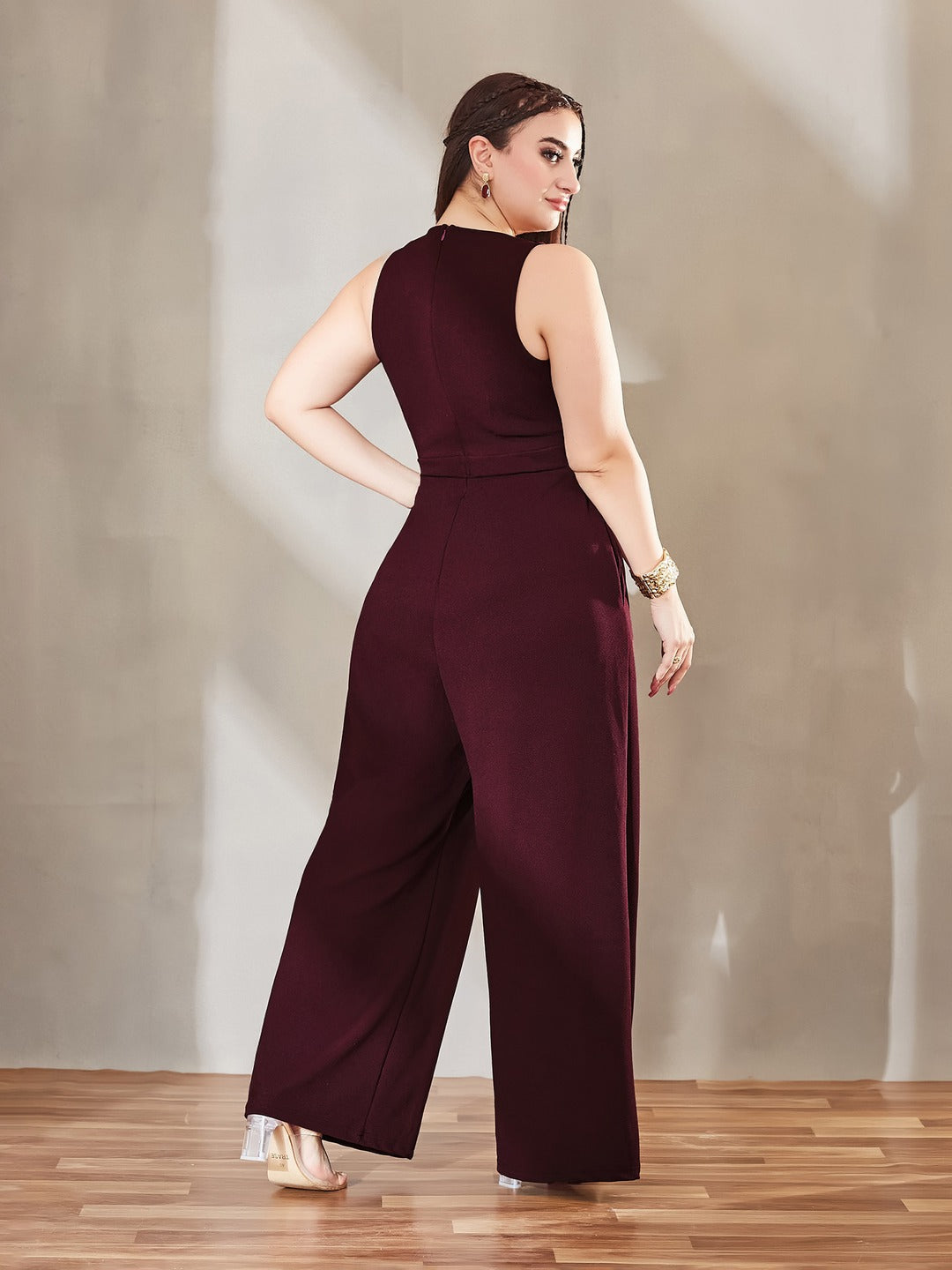 Wine V-Neck Sleeveless Solid Wrap Regular Jumpsuit for Women