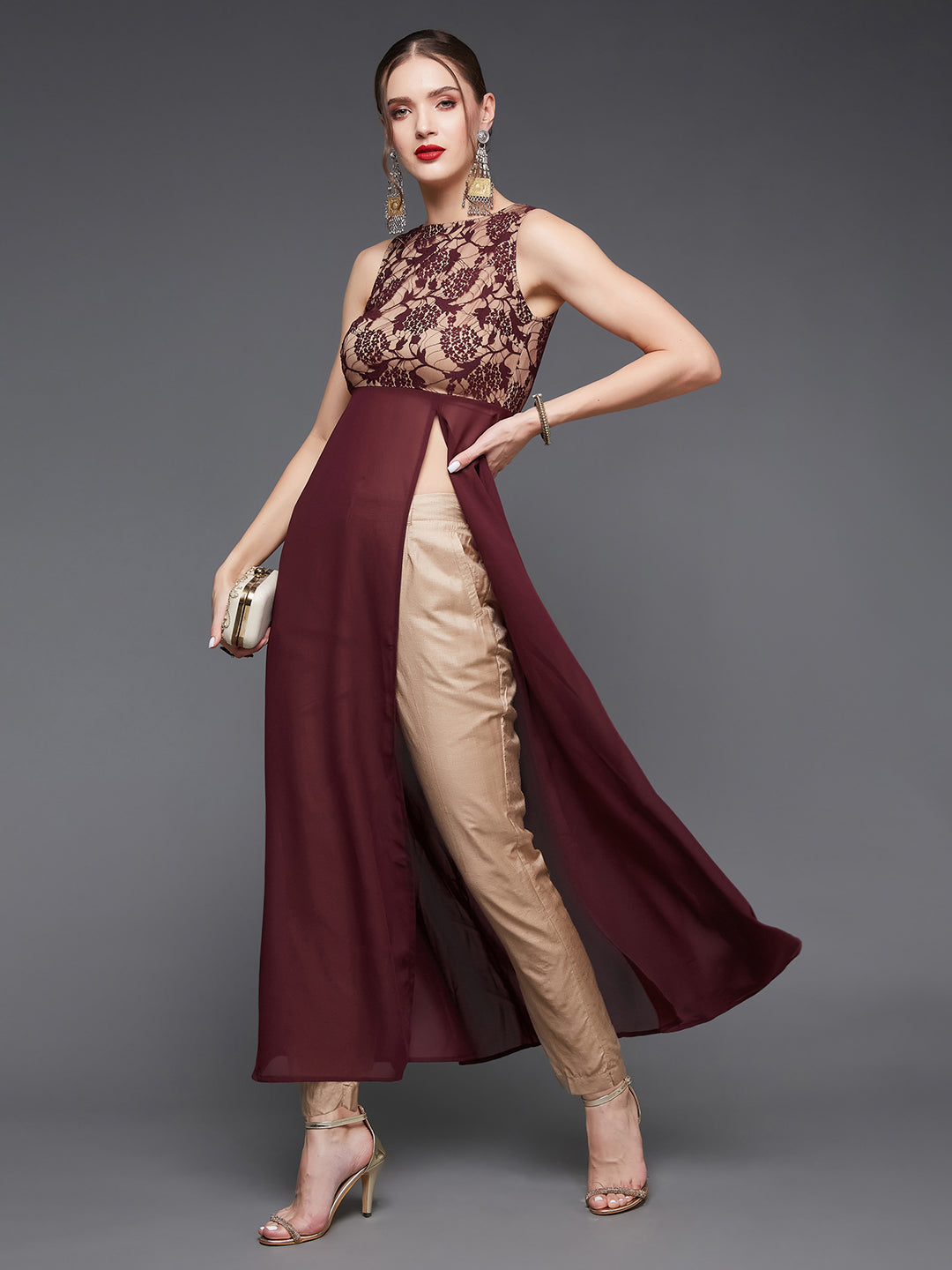 Women's Wine Boat Neck Sleeveless Self Design Lace Overlaid Polyester Maxi Top