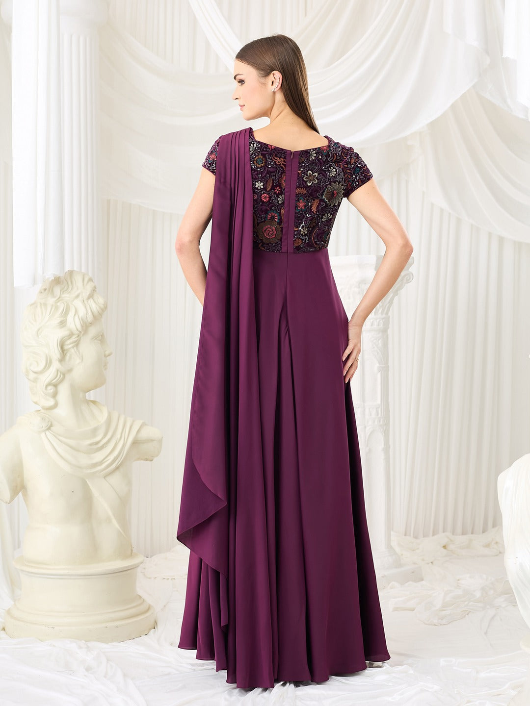 Purple Asymmetric Draped Gown in Embroidered Luxe Satin for Women