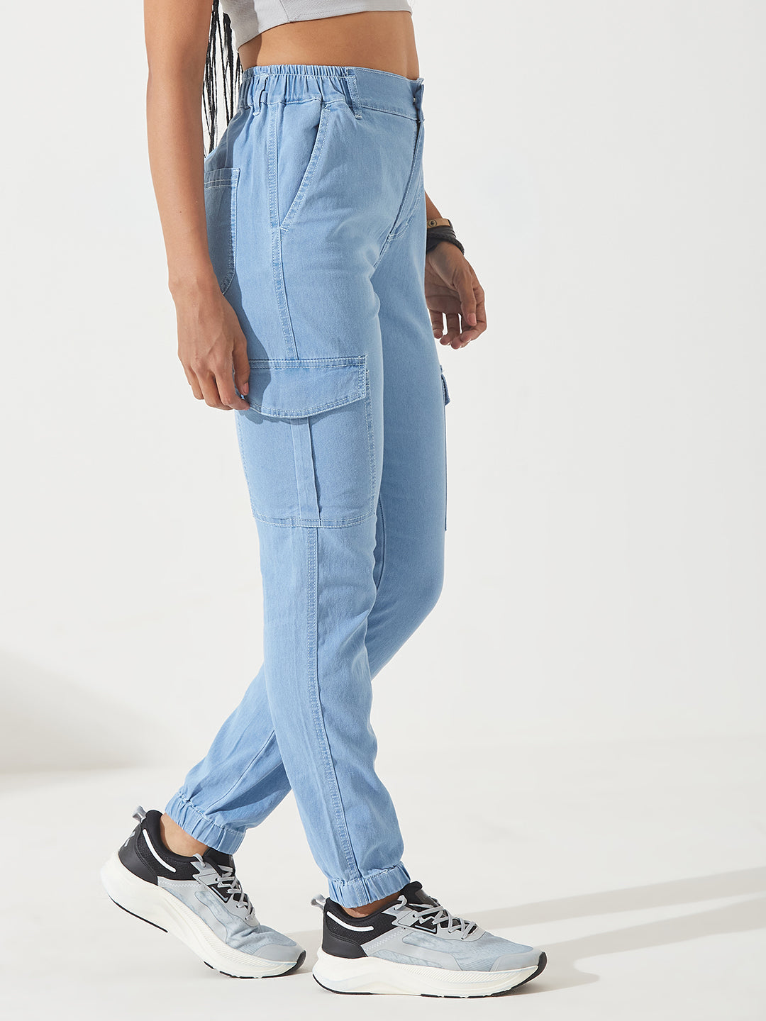 Women's Light Blue High-Rise Stretchable Denim Joggers