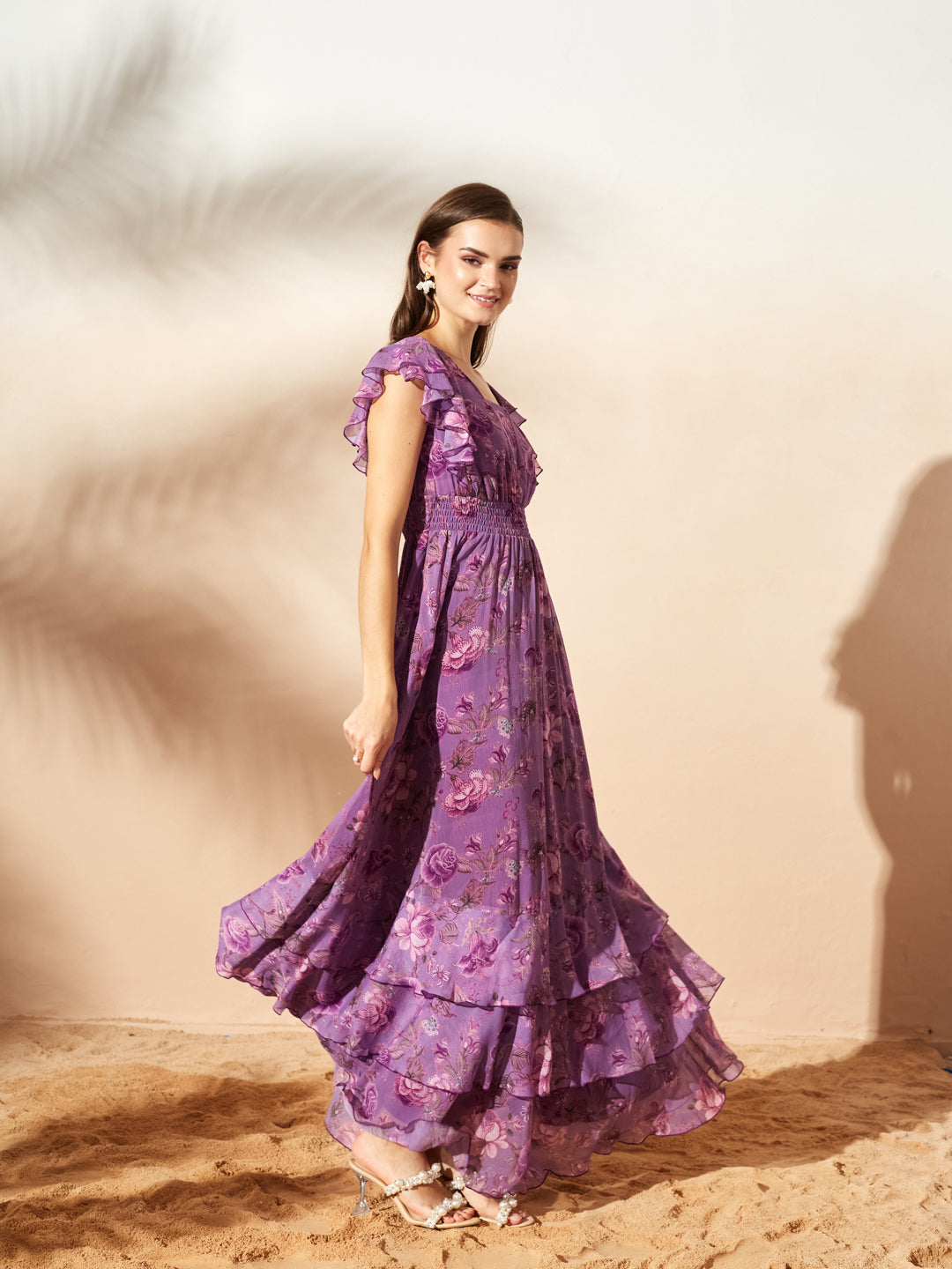 Lavender Tapered Square Neck Layered Ruffle Floral Ruffled Maxi Chiffon Dress for Women — Miss Chase