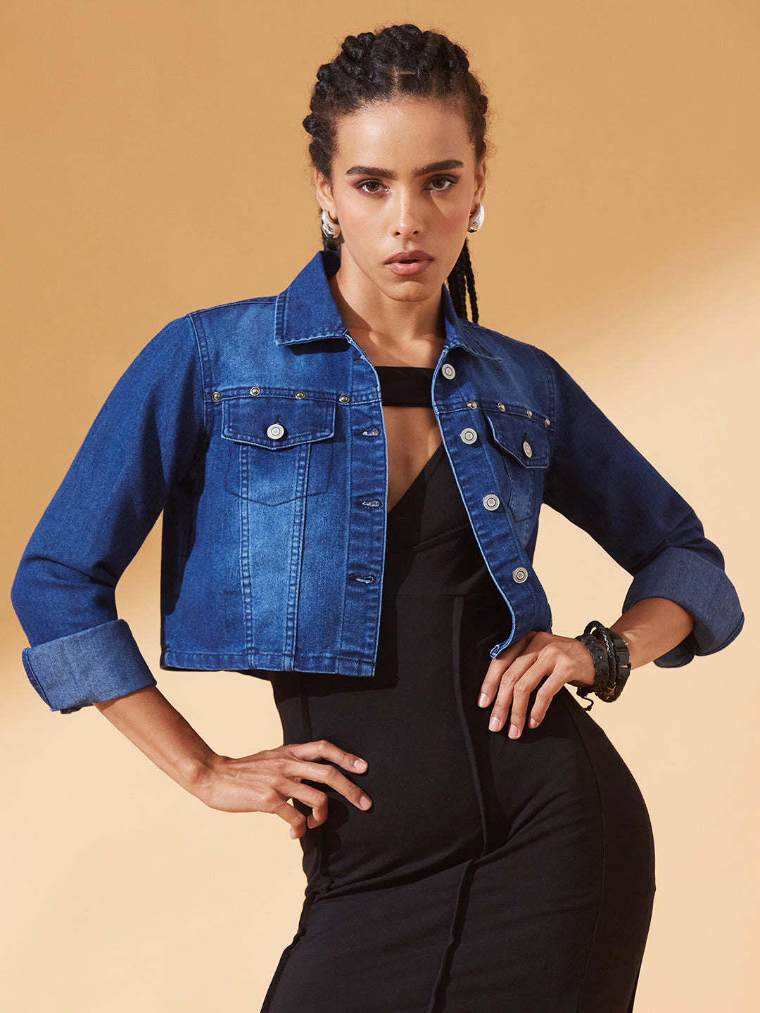 Navy-Blue Solid Polo Neck Full Sleeves Buttoned Denim Embellished Cropped Jacket for Women