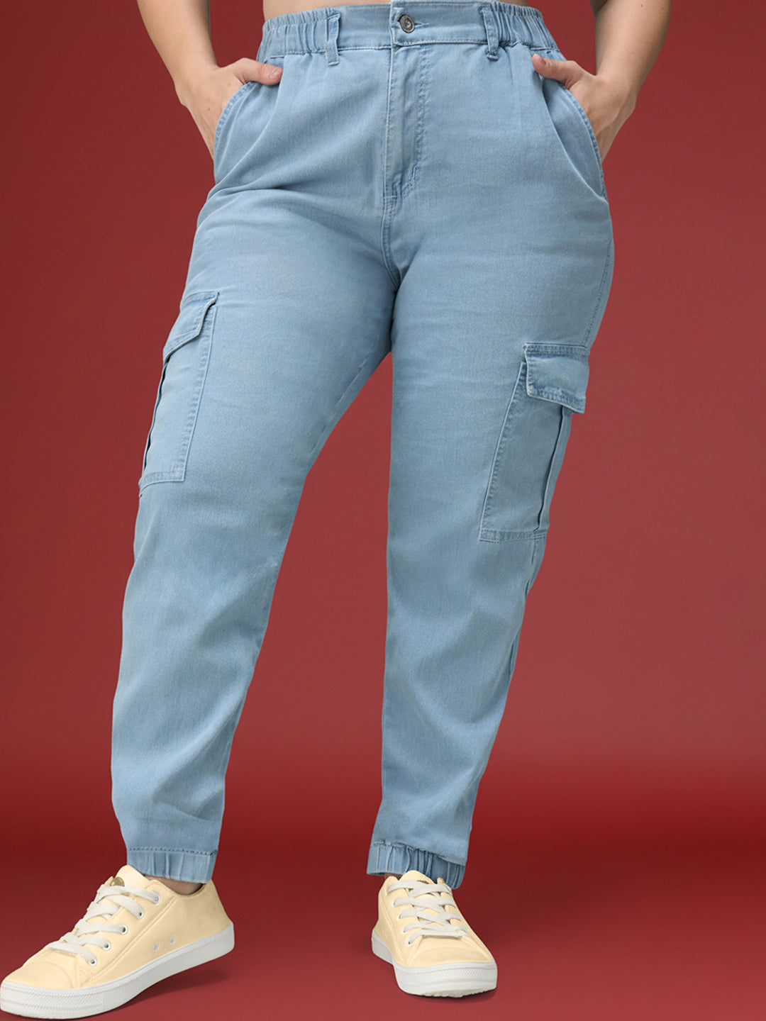 Light Blue Regular High Rise Regular Stretchable Light Weight Denim joggers for Women