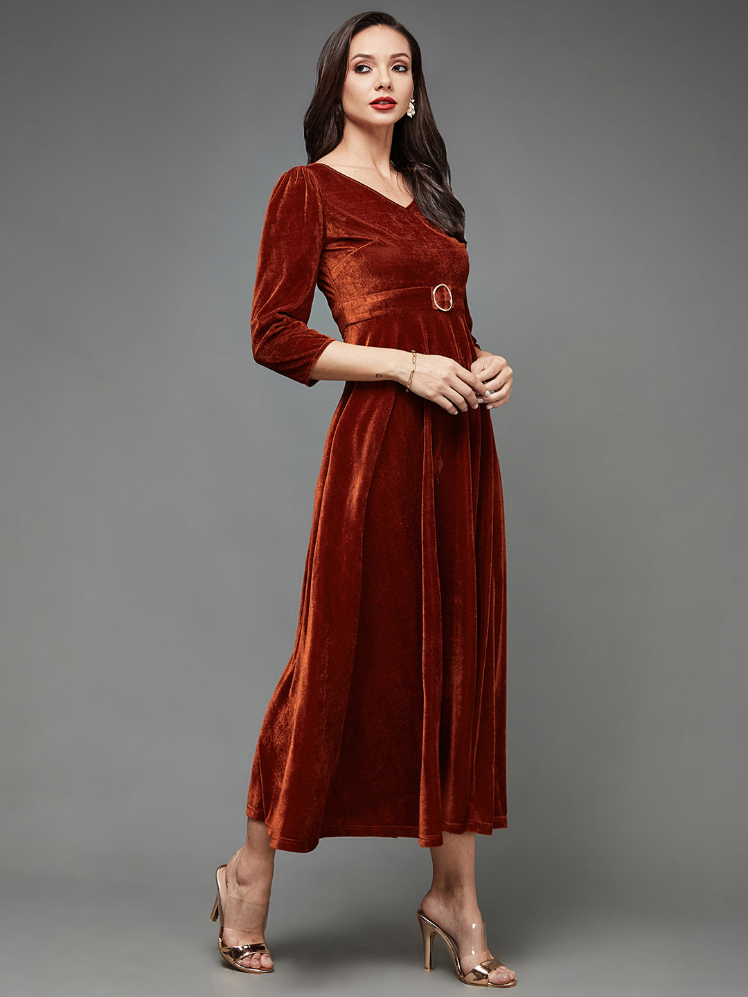 Rust V-Neck Three-Quarter Sleeve Solid Fit & Flare Midi Velvet Dress for Women