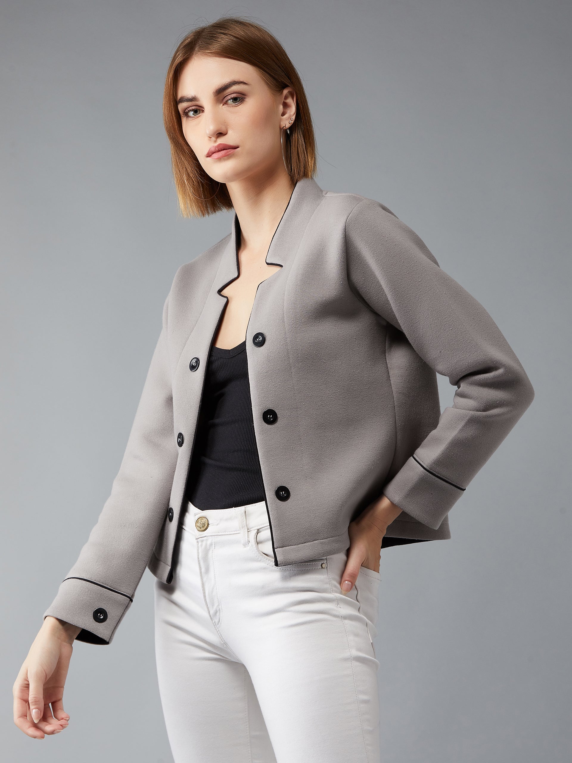 Women's Grey V-Neck Full Sleeves Solid Front-Open Regular Length Jacket