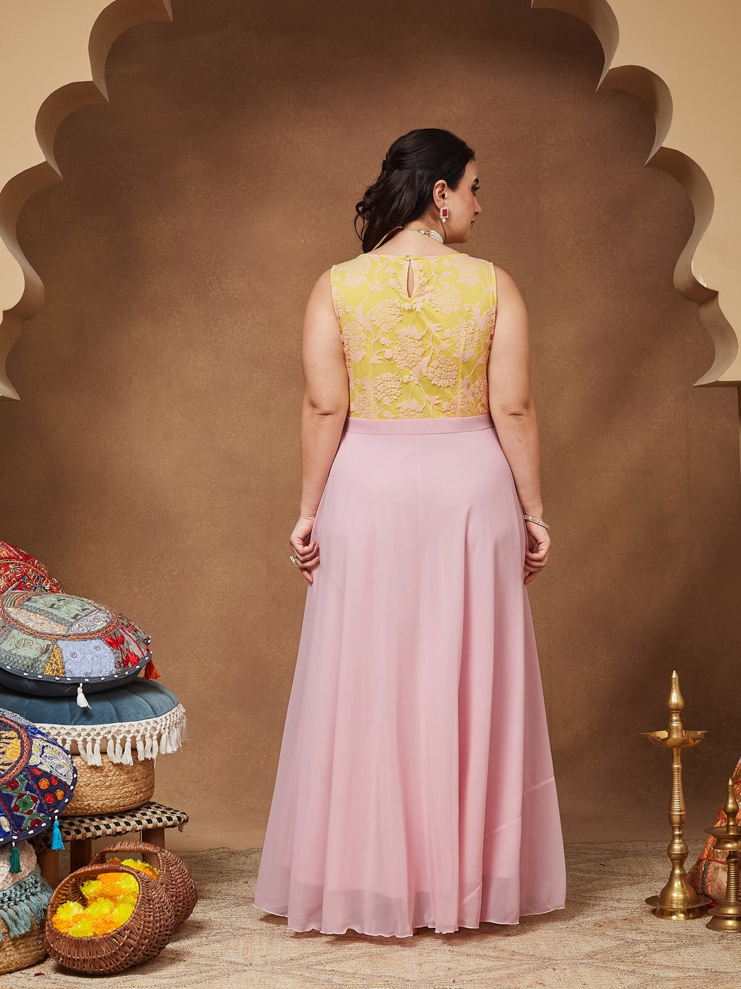 Dusty Pink Boat Neck Sleeveless Self Design Lace Overlaid Georgette Maxi Dress for Women — Miss Chase A+