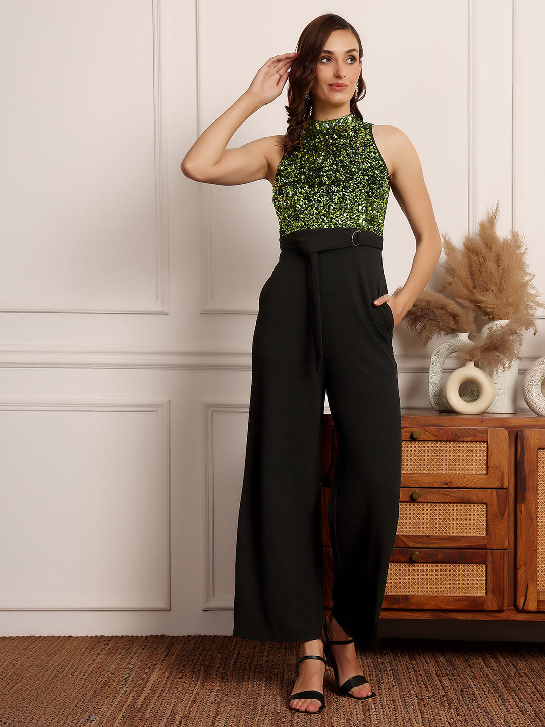 Women's Black And Green Halter Neck Sleeveless Embellished Regular-Length Jumpsuit