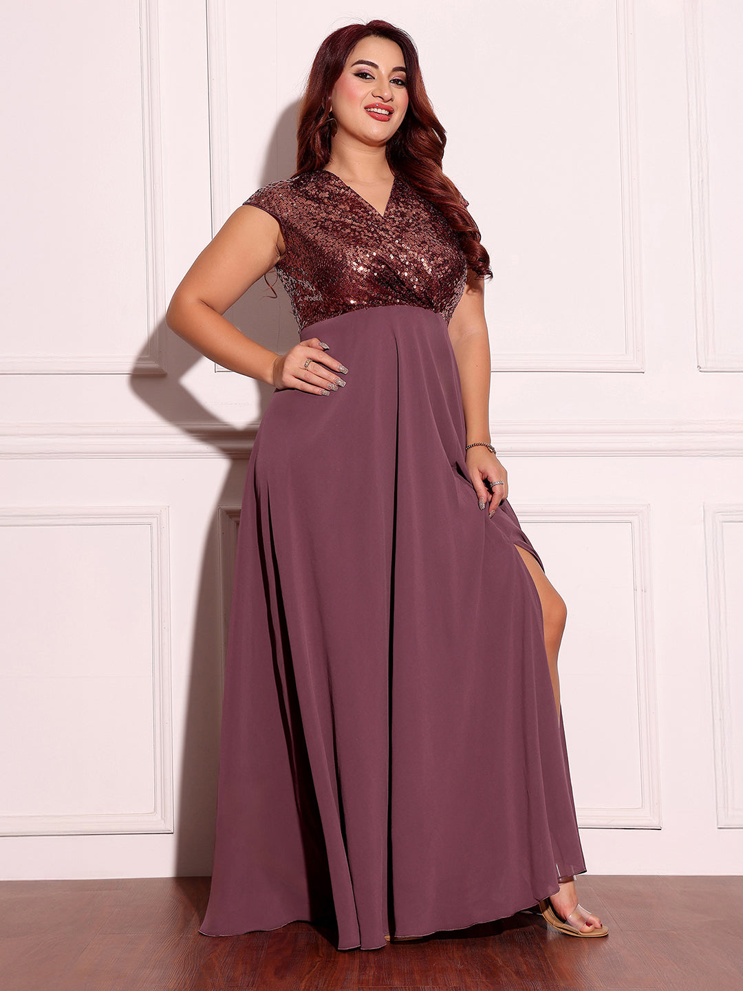 Mauve & Wine Sleeveless Fit and Flare Sequinned Maxi Dress Long Dress Frock for Women