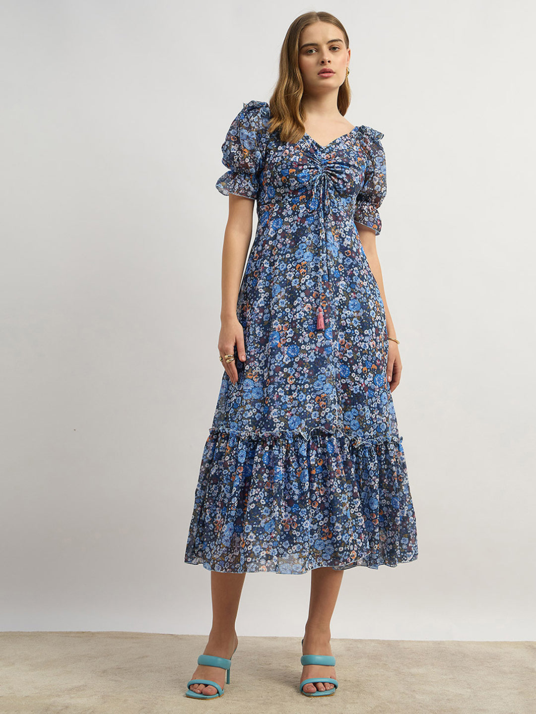 Women's Multicolored-Base-Navy Blue V-Neck Puff Sleeve Floral Ruching Ankle-Length Dress