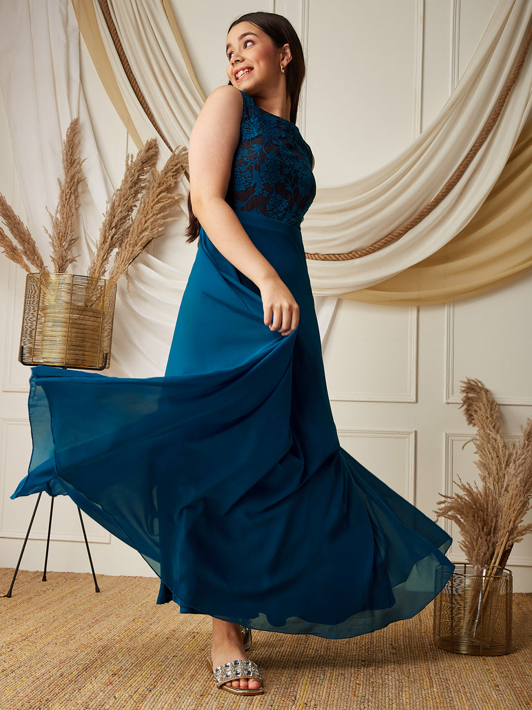 Royal Blue Round-Neck Sleeveless Floral Lace-Overlaid Fit & Flare Georgette Maxi Dress