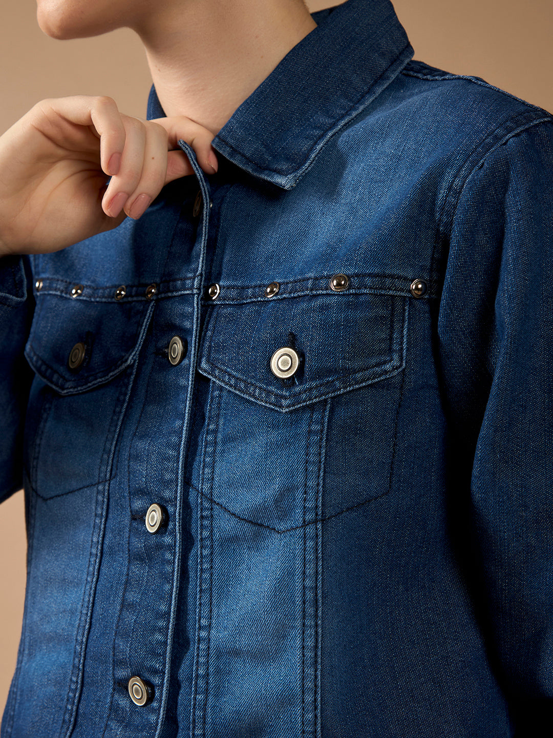 Women's Navy Blue Solid Polo Neck Full Sleeves Buttoned Denim Embellished Cropped Jacket