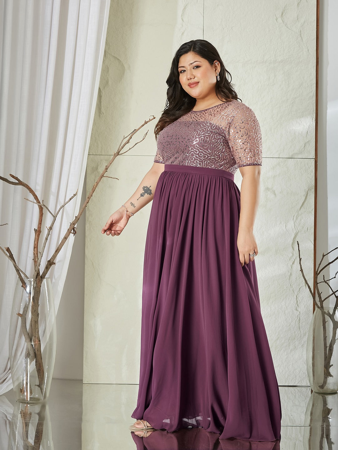 Mauve Relaxed Fit Maxi Georgette & Sequins Dress for Women
