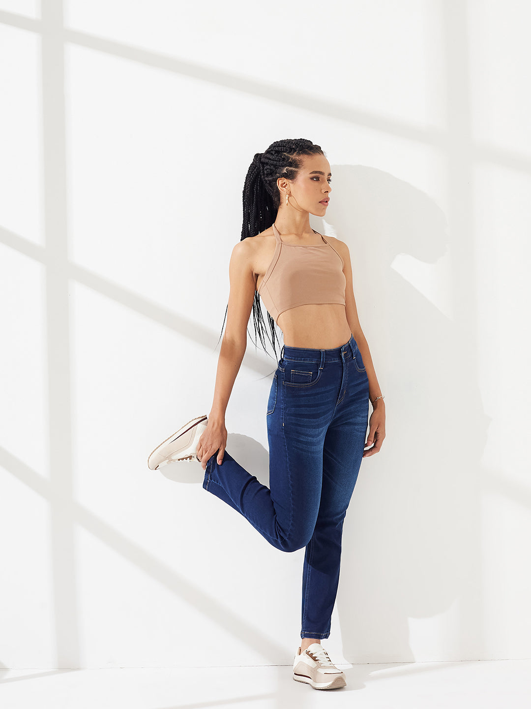 POWER STRETCH Mid-Rise Navy-Blue Semi-Straight-Fit Jeans with Whiskering & Dark Wash Finish for Women