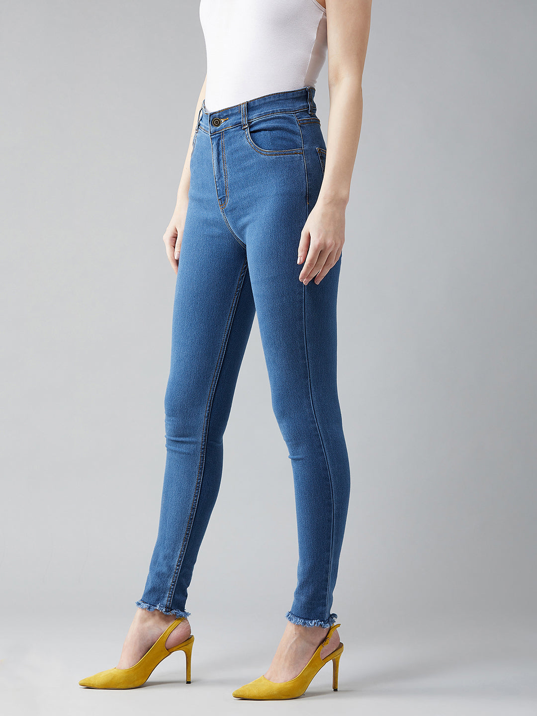 Women's Blue Skinny High-Rise Cropped-Length Fringe Detailing Stretchable Denim Jeans