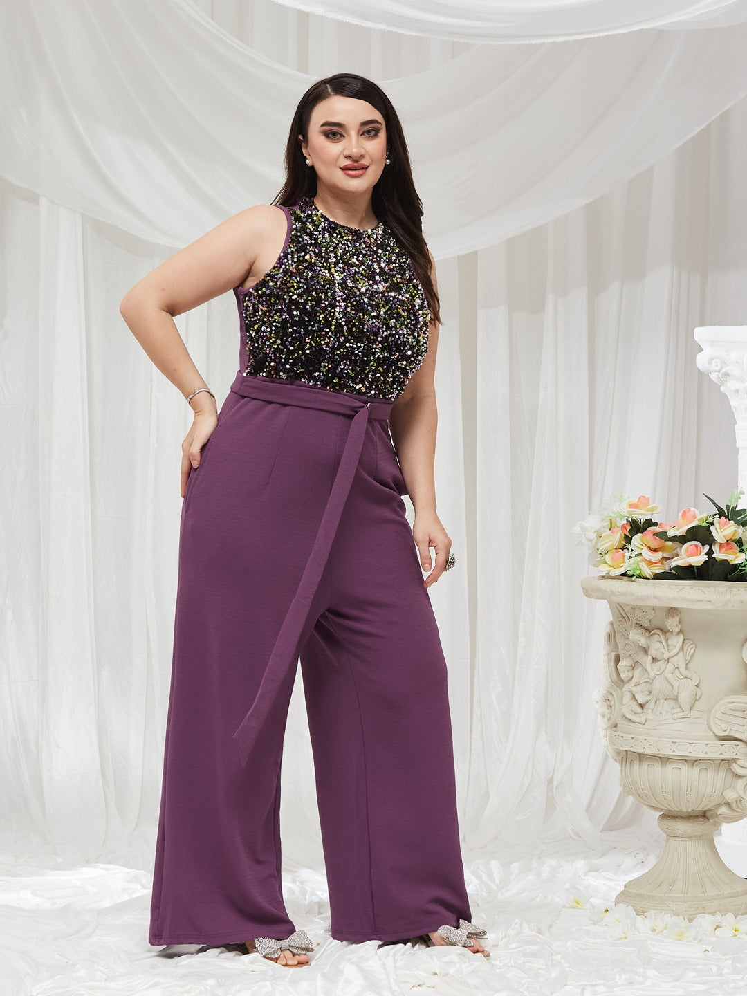 Lavender Halter Neck Sleeveless Embellished Regular-Length Jumpsuit for Women — Miss Chase A+