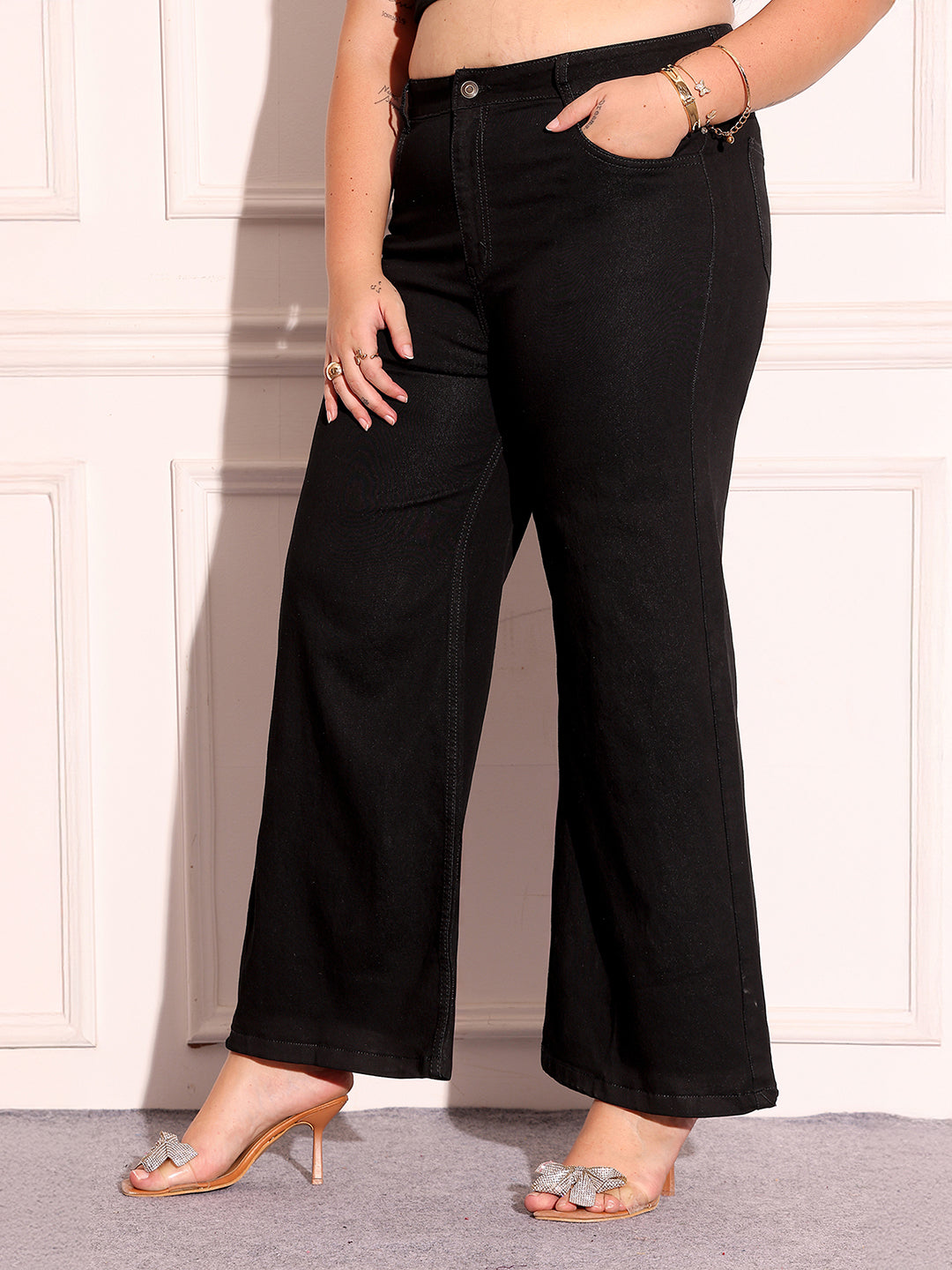 Women's Black Wide-Leg High-Rise Stretchable Denim Jeans