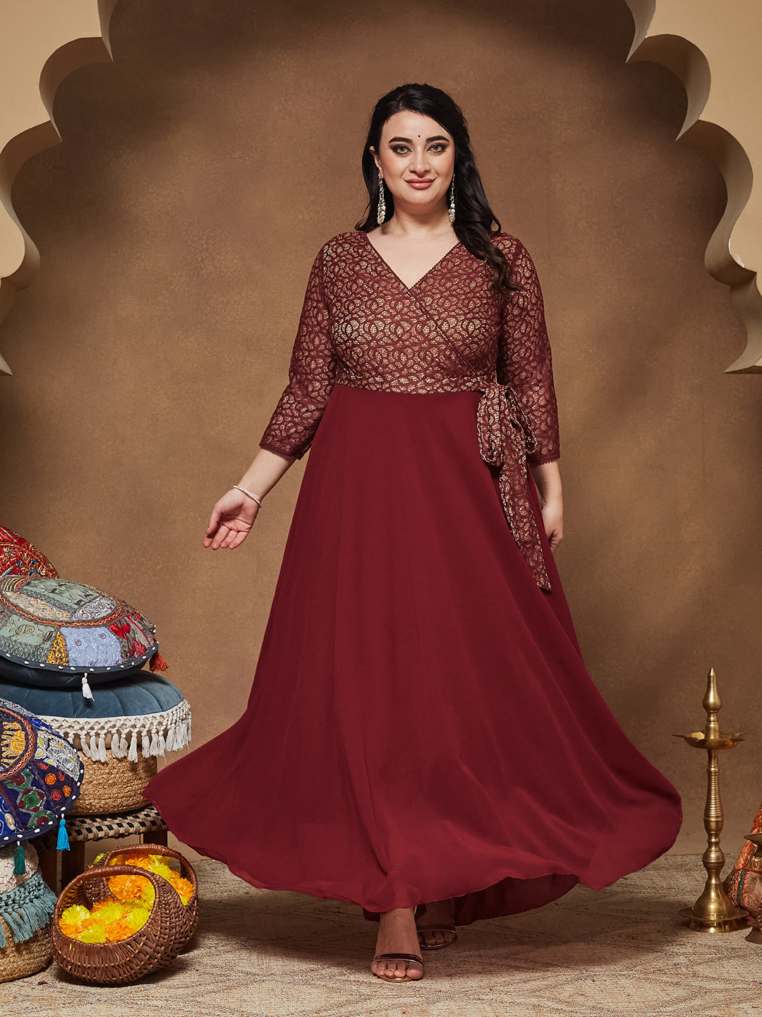 Maroon Floral Printed Relaxed Fit V-Neck 3/4Th Sleeve Georgette Maxi Dress for Women — Miss Chase A+