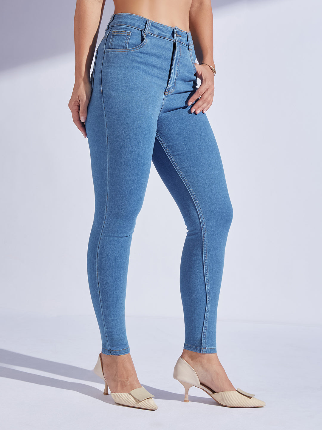 Women's Blue Solid Skinny High-Rise Cropped Fringe-Detailing Solid Stretchable Denim Jeans