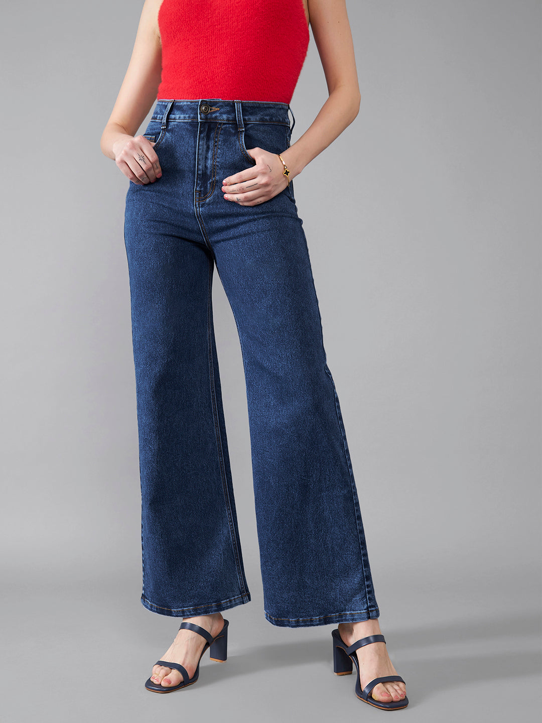 24/7 Comfort Mid-Blue Wide-Leg High-Rise Stretchable Denim Jeans