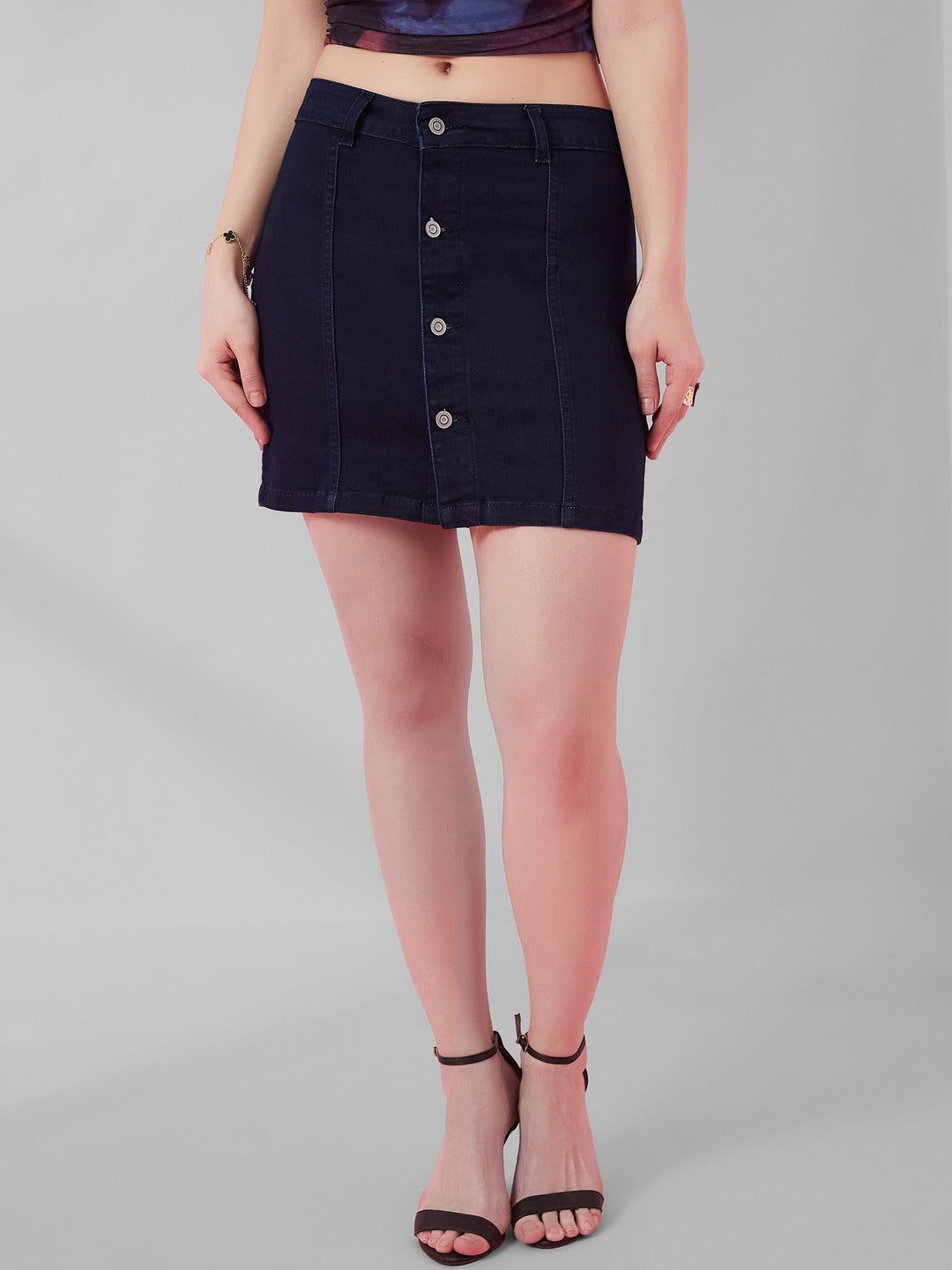 Navy Blue Stretchable Solid A-line Mini Denim Skirt for Women