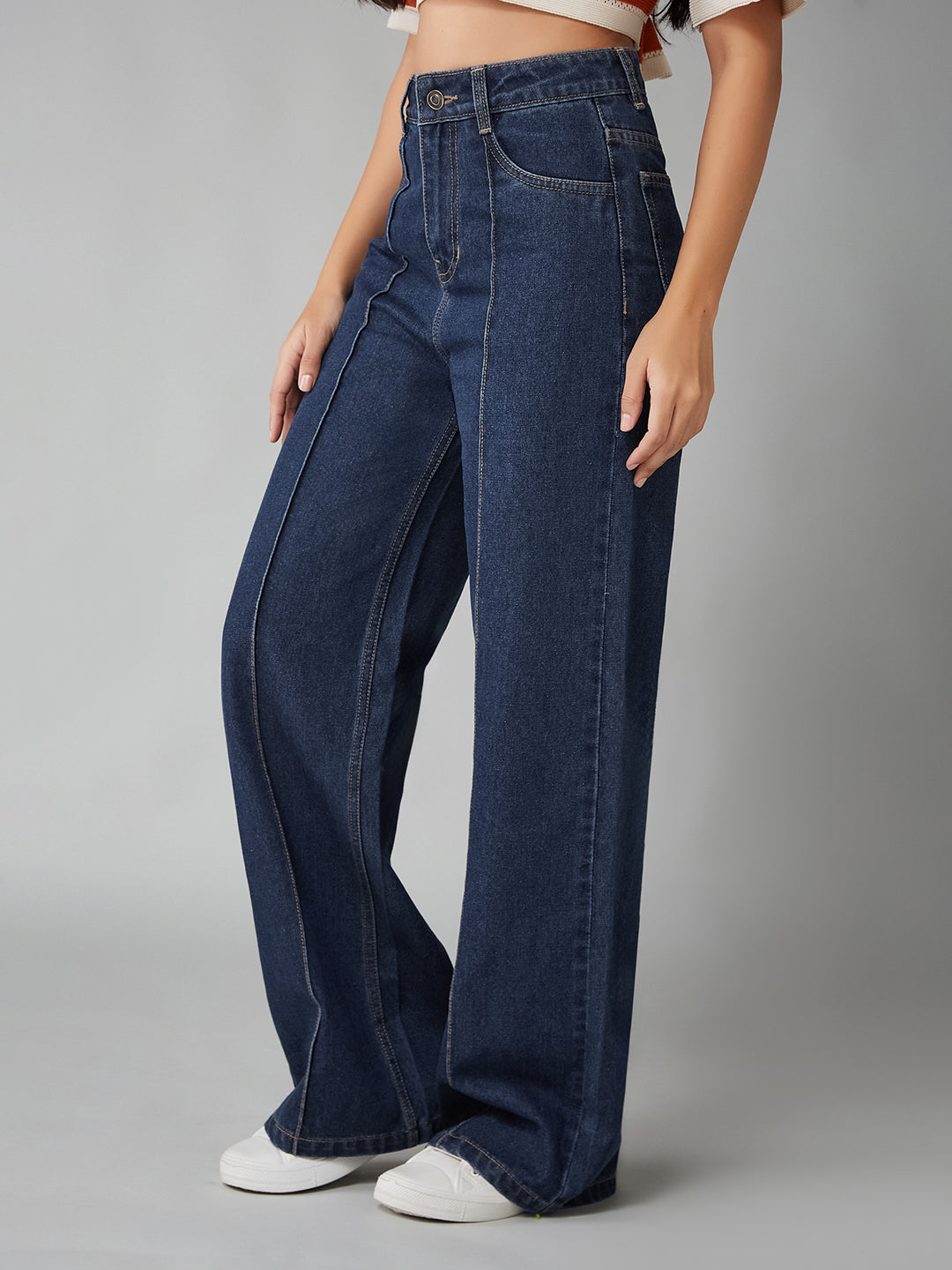 Women's Navy Blue Wide-Leg High-Rise Clean-Look Regular-Length Non-stretchable Denim Jeans