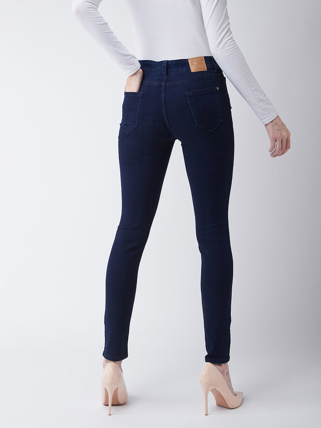 Women's Navy-Blue Skinny-Fit High-Rise Knee-Slit Stretchable Denim Jeans