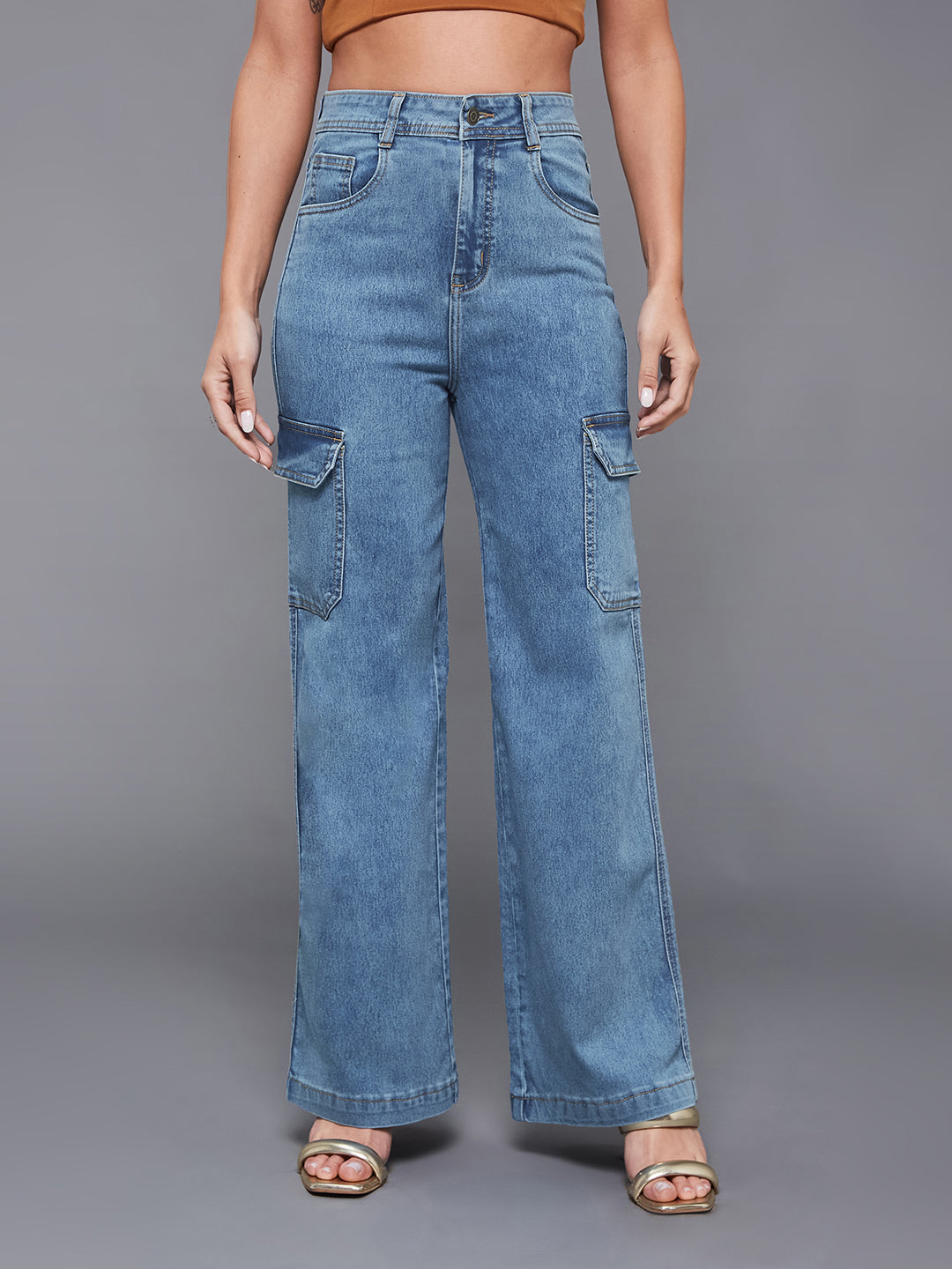 24/7 Comfort Blue Wide-Leg High-Rise Stretchable Cargo Denim Jeans