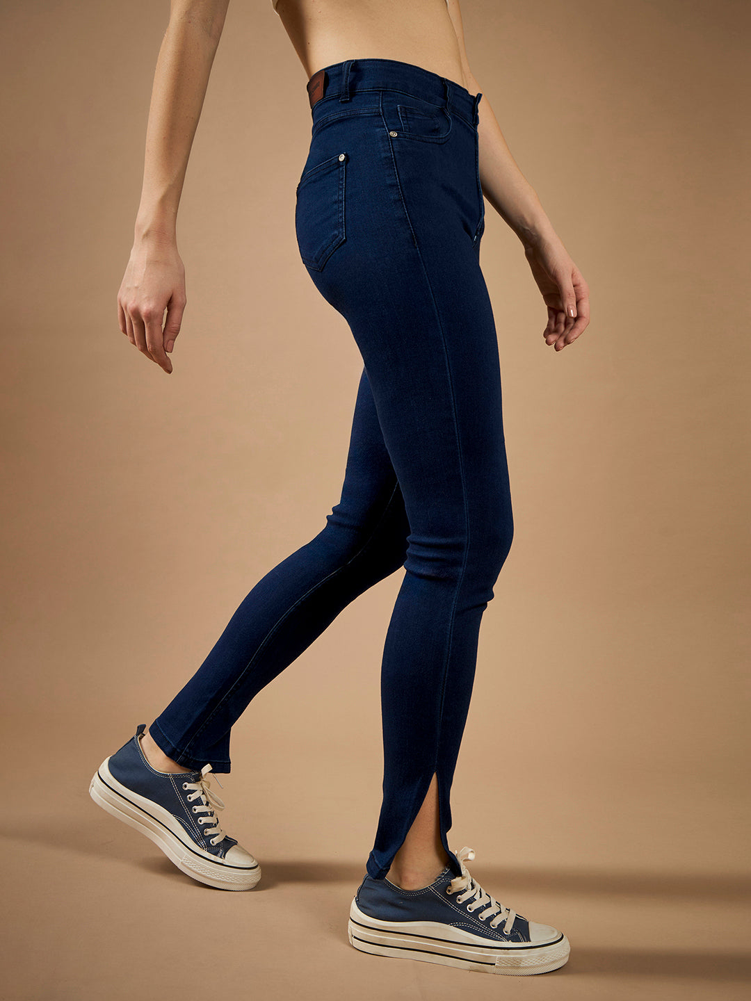 Women's Navy Blue Skinny-Fit Mid-Rise Cropped-Length Side-Slit Denim Stretchable Jeans