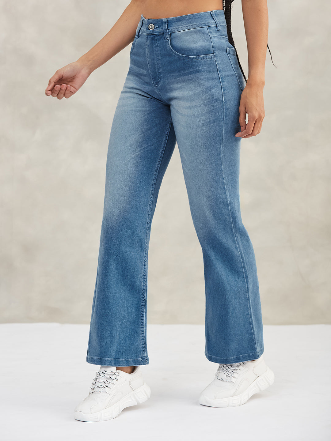 Women's Light Blue Wide-Leg Mid-Rise Blast-Effect Lightweight Denim Jeans