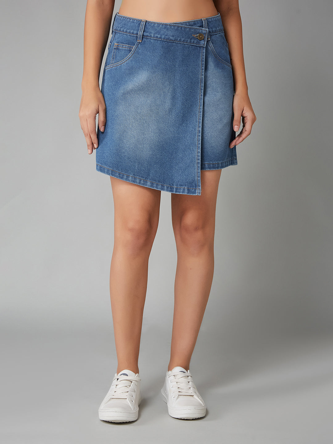 Women's Mid-Blue Regular High-Rise Clean-Look Regular Denim Skorts