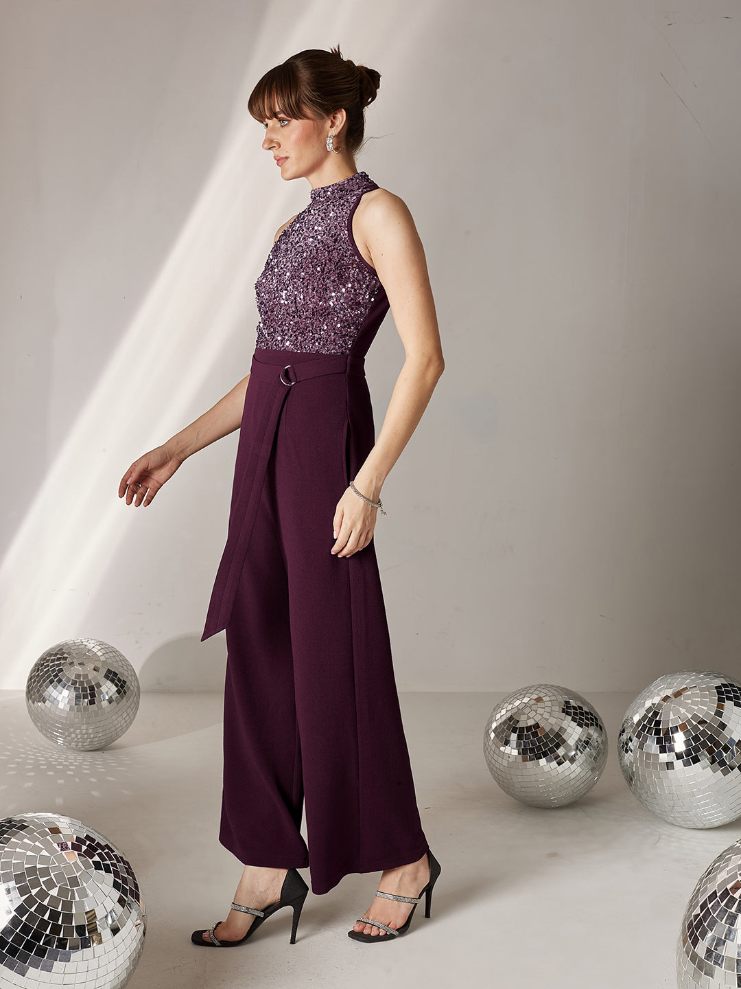Women's Dark Purple Halter Neck Sleeveless Embellished Regular-Length Jumpsuit