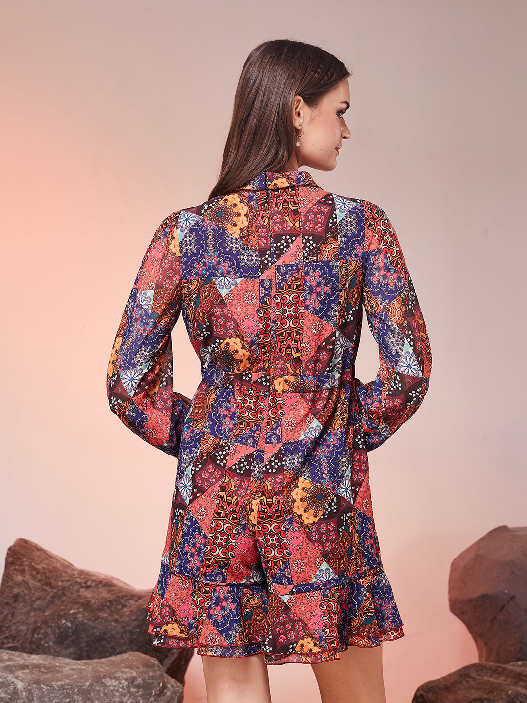 Multicoloured Shirt Collar Bishop Sleeve Printed Bohemian Short Georgette Playsuit for Women